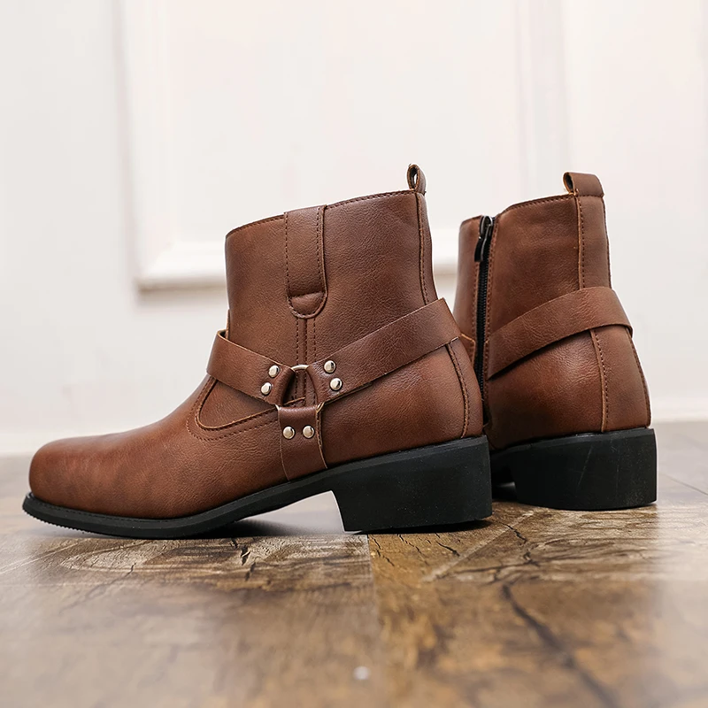 Men's Leather Side Zipper Western Cowboy Boots New Retro Men Short Boots Lightweight Comfort Outdoors Botas Hombre Large Size 48