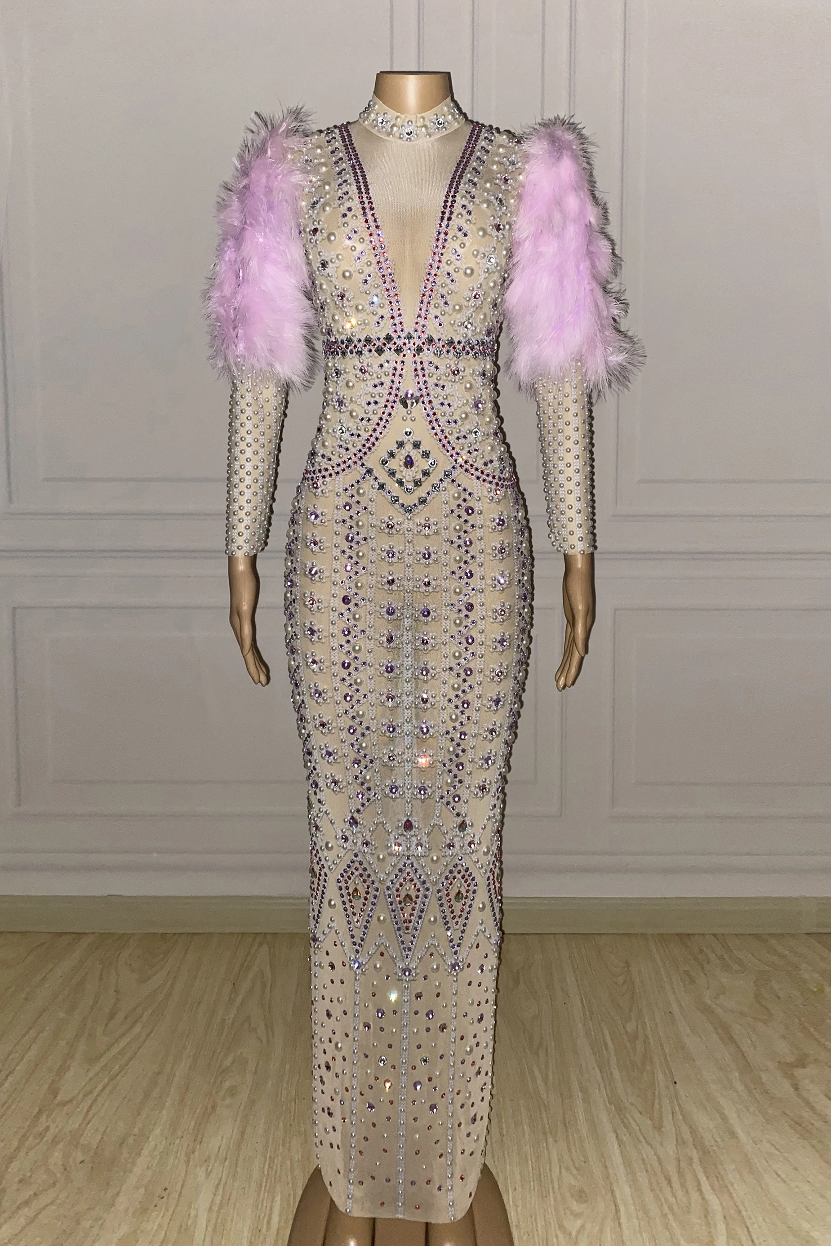 Party Banquet Pearls Evening Dresses Singer Performance Stage Costume Drag Queen Clothes Feather Rhinestones Long Dress yj010