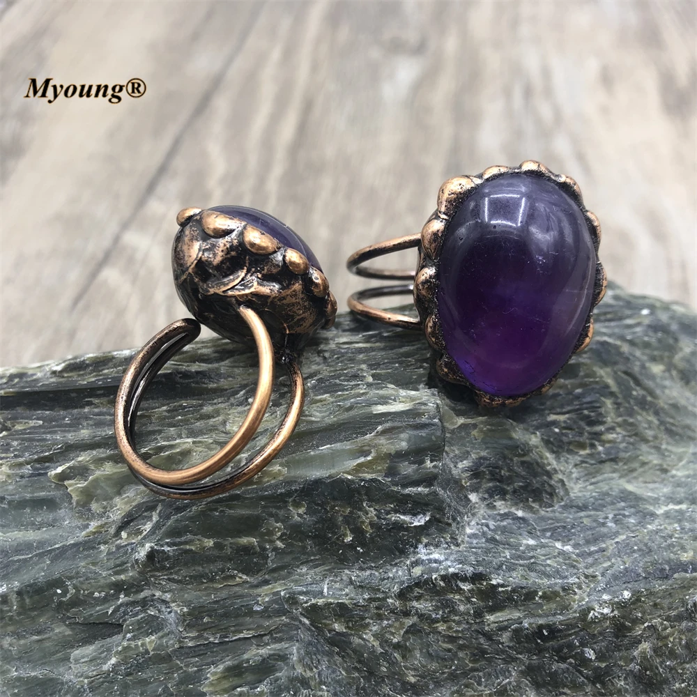 Soldering Bronze Plated Egg Shape Natural Amethysts Crystal Quartz Vintage Rings For Women MY220630