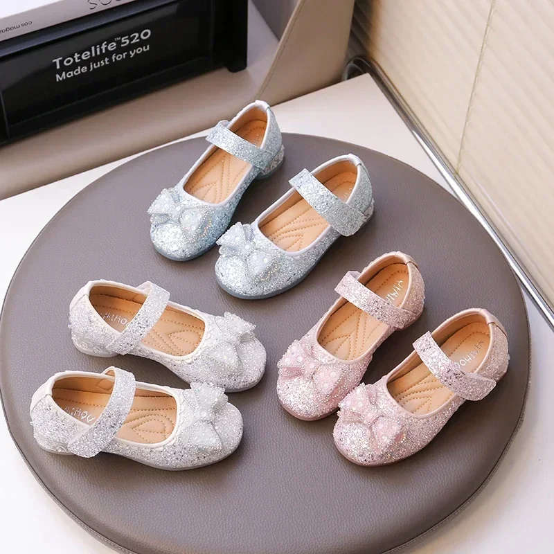 

Girls Flat Shoes Shiny Sequins Sweet Bows Kids Princess Shoes for Wedding Party 2025 New Children Dance Shoes Elegant Sweet Soft