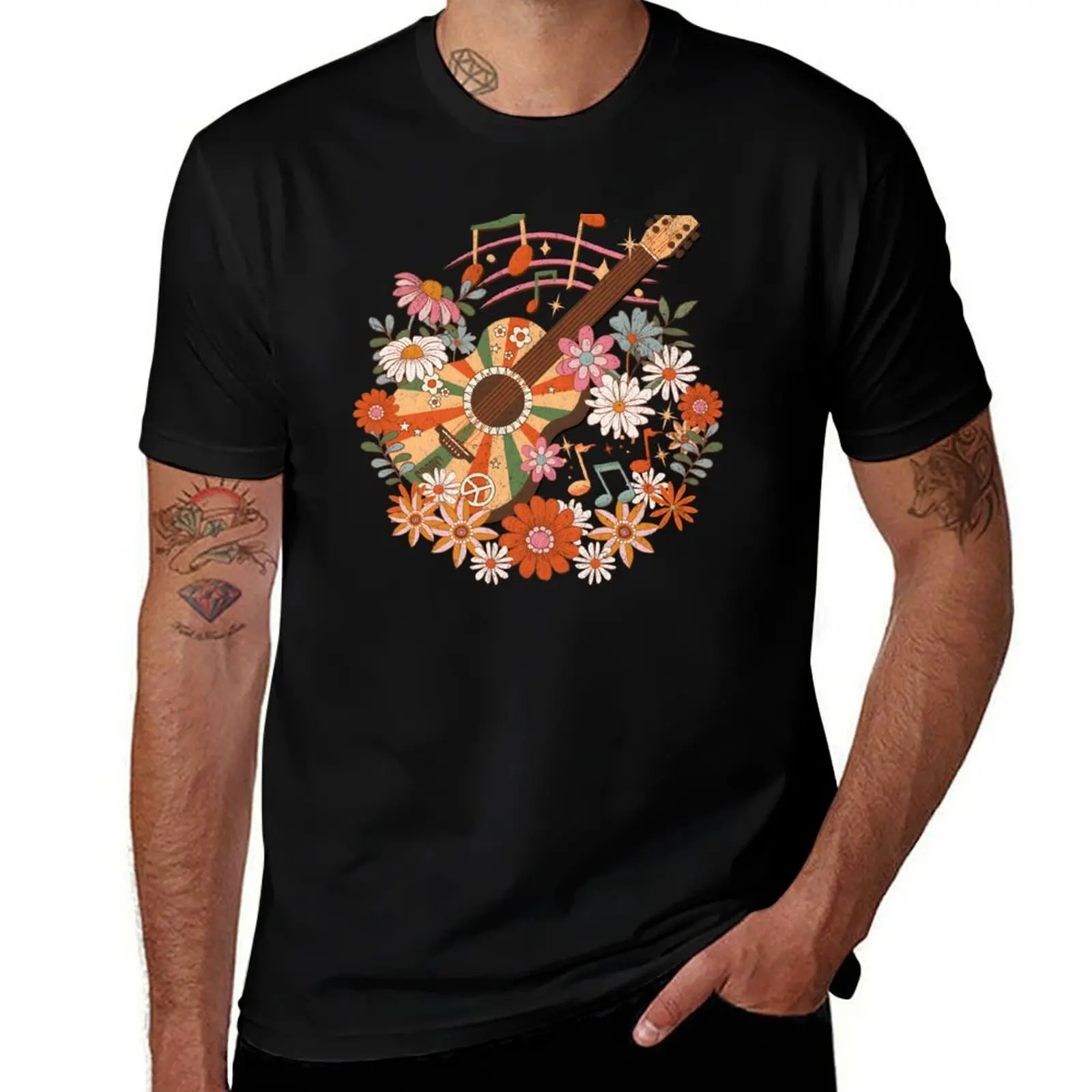 

Groovy Bohemian Floral Vintage Guitar T-Shirt Sporty Breathable Short Sleeve T-Shirt