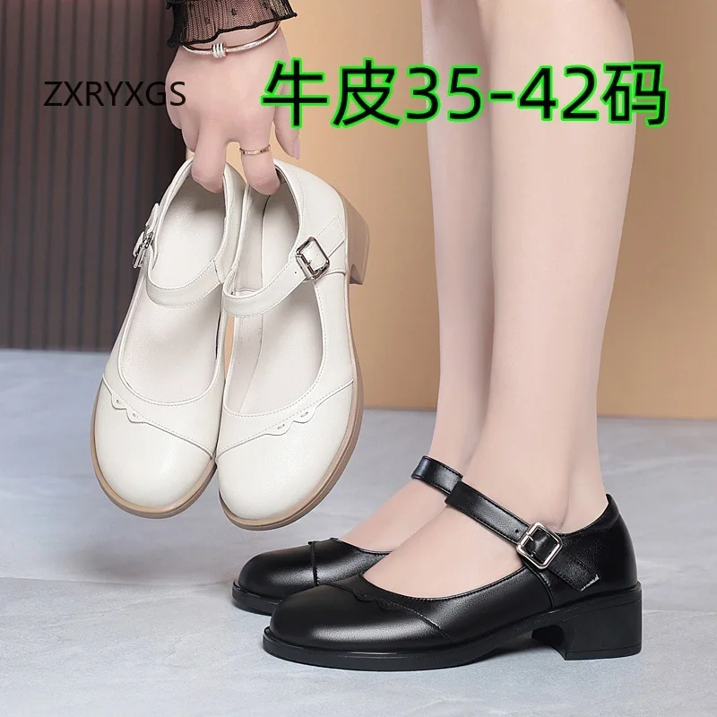ZXRYXGS Hot Sales 2026 Genuine Leather Round Toe Thick Mid Heels Elegant Temperament Women's Office Work Banquet Shoes Plus Size