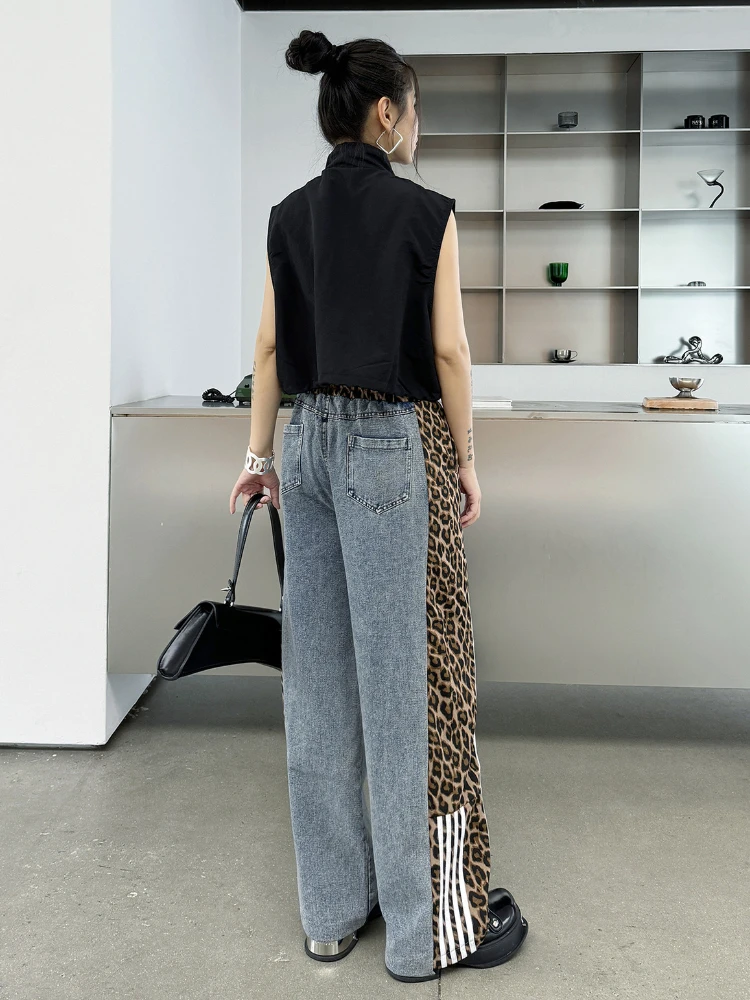 Vintage Street Leopard Print Wide Leg Pants Splicing High Waist Jeans Women 2024 Summer Loose Elastic Casual Trousers Streetwear