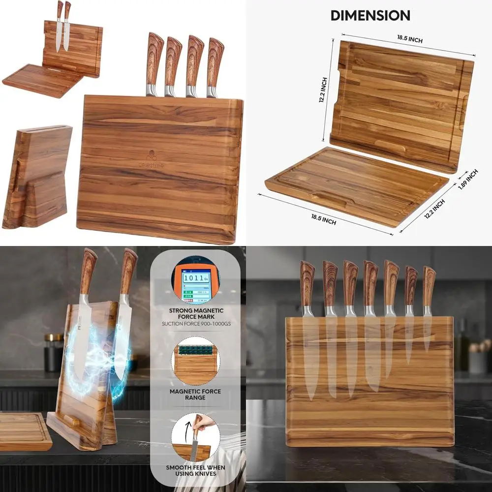 

2-in-1 Magnetic Knife Block & Cutting Board in Teak Wood for Large Kitchens - Premium, Space-Saving, and Safe