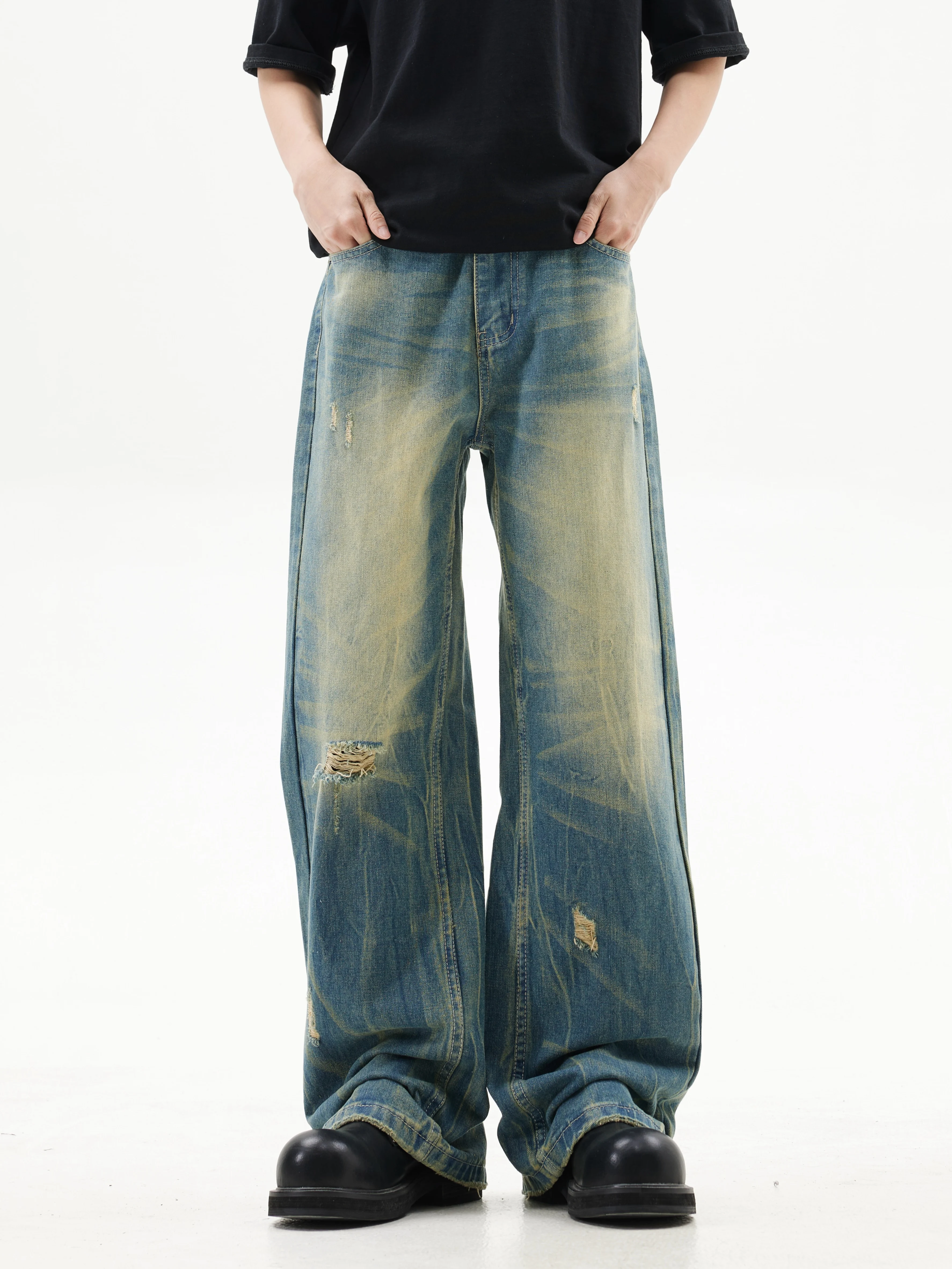 

AMBITION ESPECT American Straight Jeans High Street Vintage Men's and Women's Loose Trousers Trend Ropa hombre