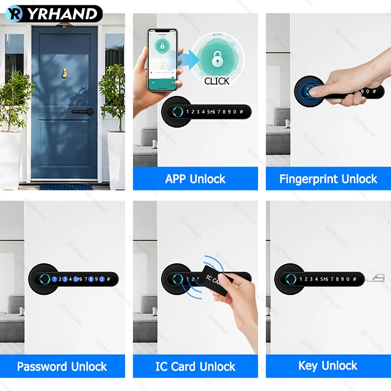 YRHAND-Poignée biométrique intelligente Tuya BLE, serrure à empreintes digitales avec carte IC, mot de passe, déverrouillage mécanique des clés, poignée unique pour la maison