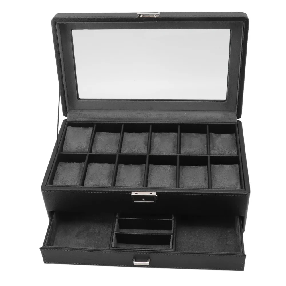 Multipurpose Black Watch Box Organizer PU Leather 33.5*19.5*12.5cm Watch Display Case Jewelry Box for Women