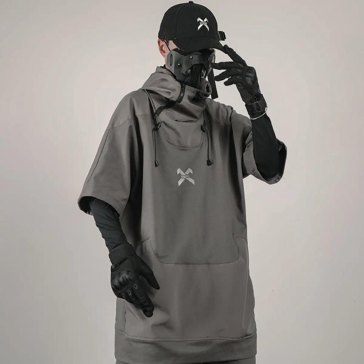 Heavy Industry Fashion Brand Short Sleeve T-Shirt Hip Hop Zipper Hooded Splice Drawstring T-Shirt Functional Street Wear