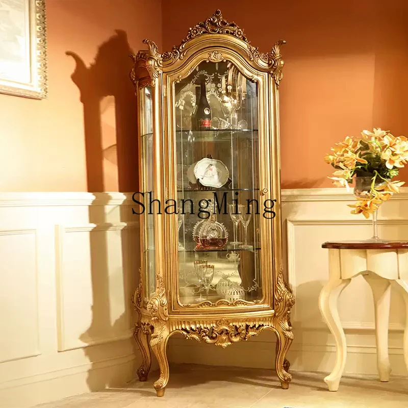 SM Household High-End Solid Wood Hand-Carved Wine Cabinet Old Glass Decorative Collection Cabinet