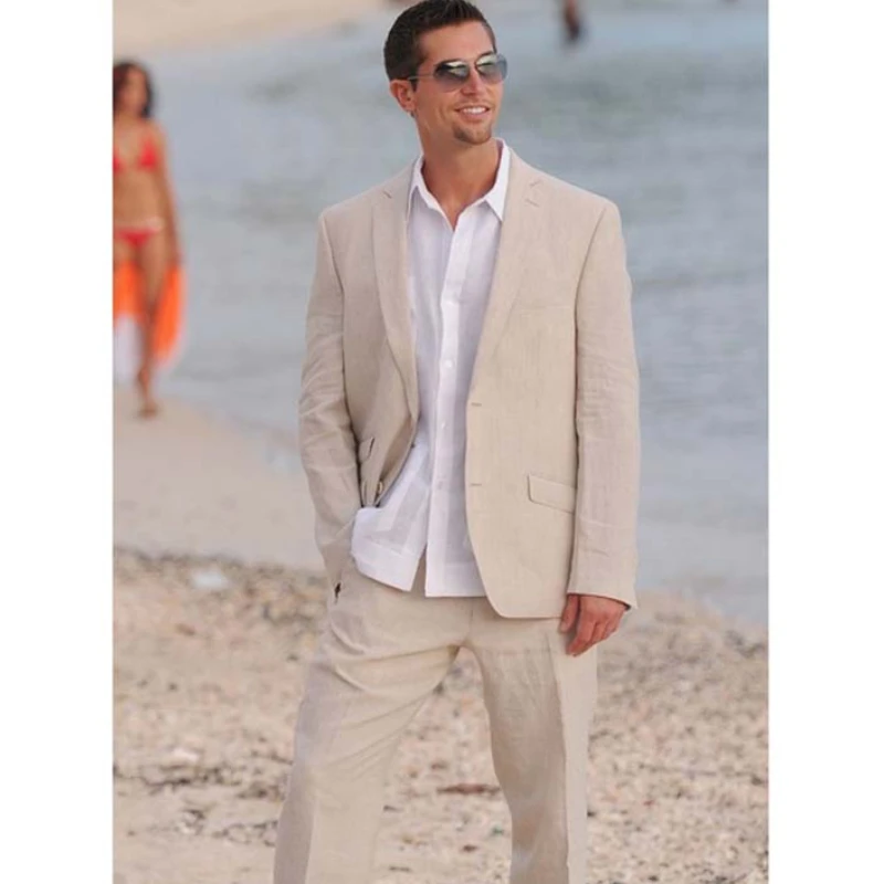 

Linen Beach Mens Suits for Wedding Summer Prom Groom Tuxedos Wear Latest Fashion Blazer Design 2 Pieces Suit Jacket with Pants