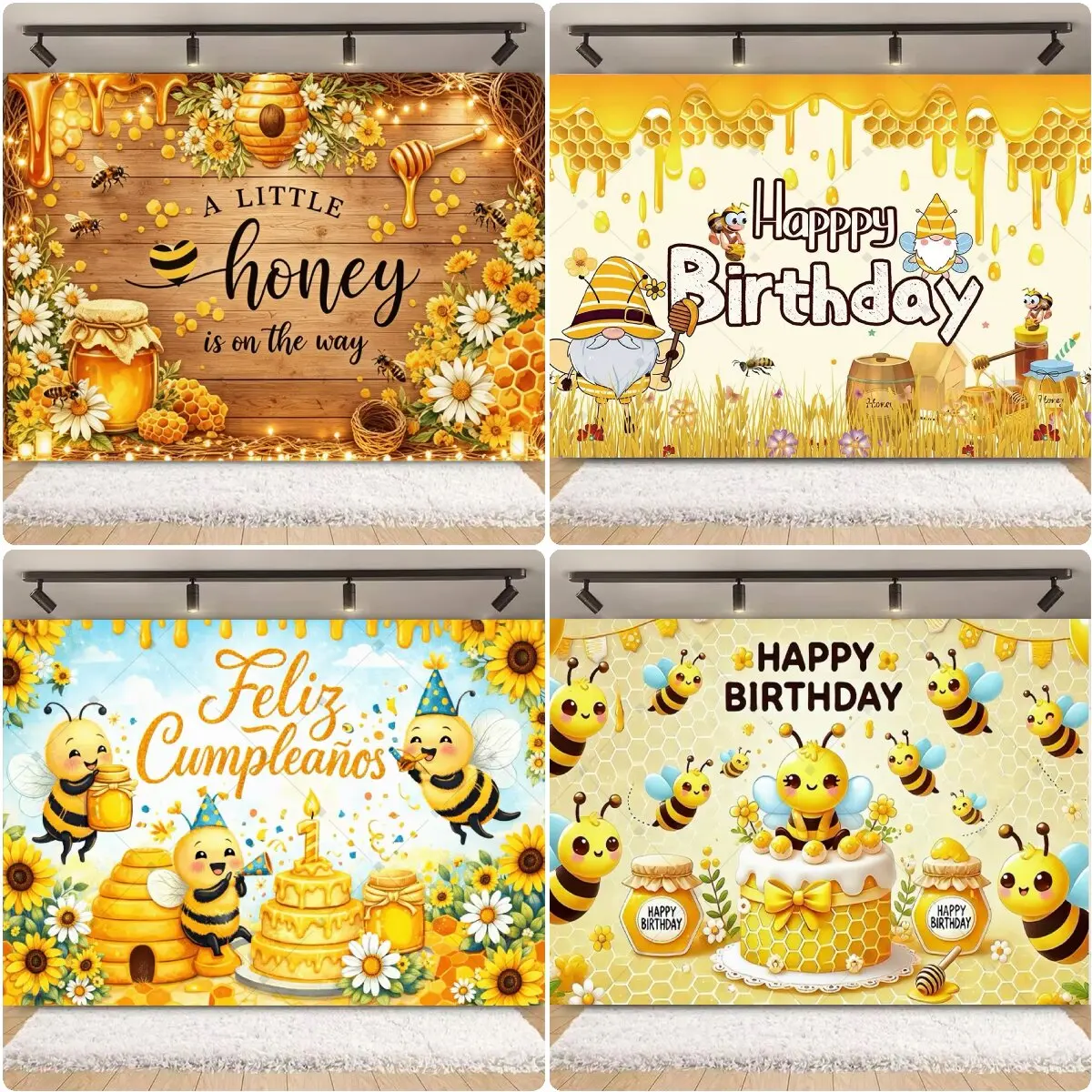 Süße Bienen-Honig-Party-Dekoration: Hintergrund aus Holz mit Bienen-Motiv für Baby-Taufe, Neugeborenen-Geschlechtsenthüllung, Geburtstagsfeier, Studio-Requisiten, Banner – Detail 3