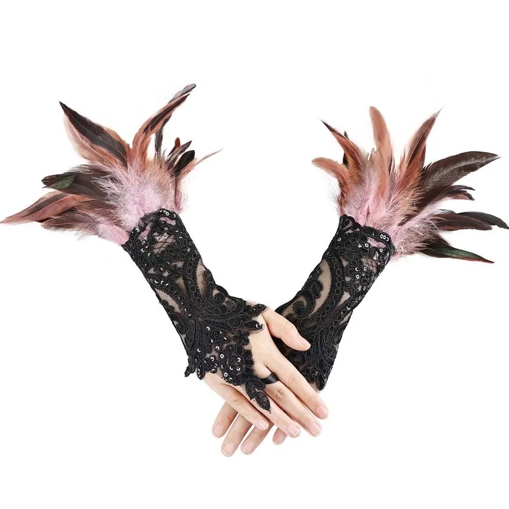 Retro Halloween Feather Gloves Gothic Wristband Sequins Feather Lace Gloves Embroidery Cuffs Women Halloween Arm Sleeves