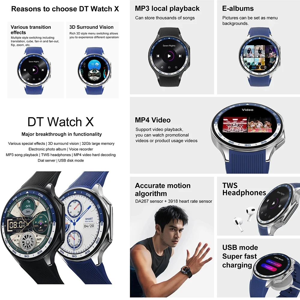 2024 Nowość dla OPPO Watch X Smart Watch 32G Pamięć Muzyka Wideo Połączenie Bluetooth Wodoodporny Smartwatch TWS Słuchawki dla Androida ios