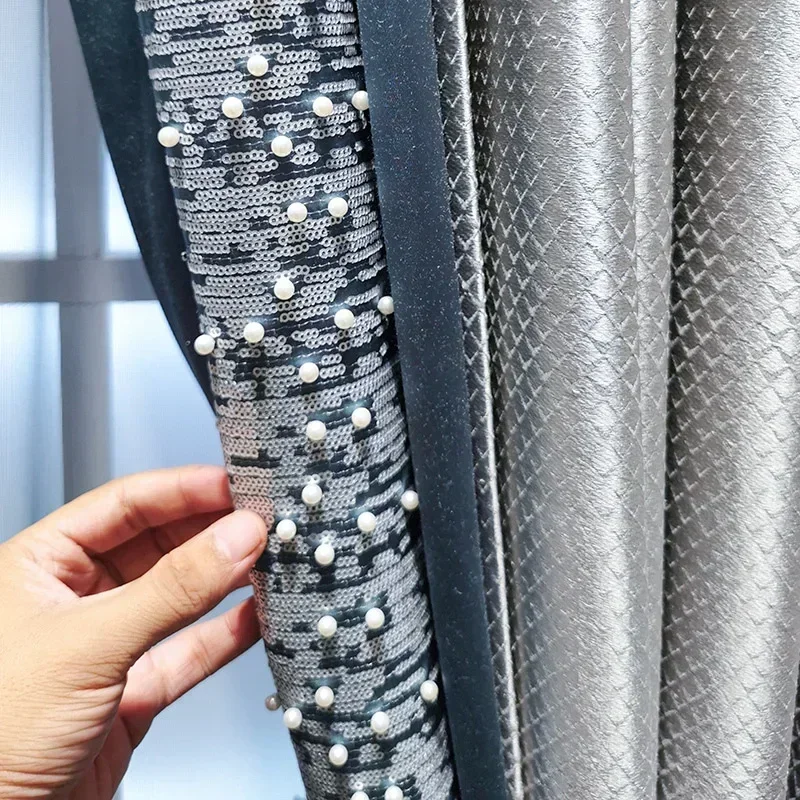 High-end Silver Gray Jacquard High Precision Pearl Lace Stitching Thickened Curtains for Living Room Bedroom Dining Room Balcony