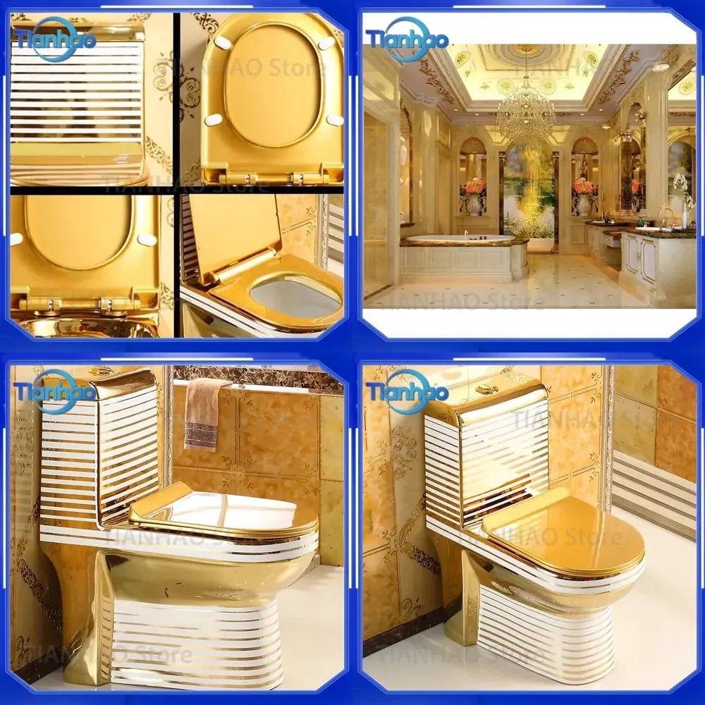 High Quality P-Trap Toilet Bowl for Luxury Hotel Use White Line Ceramic WC with Gold Trim for Modern Bathroom