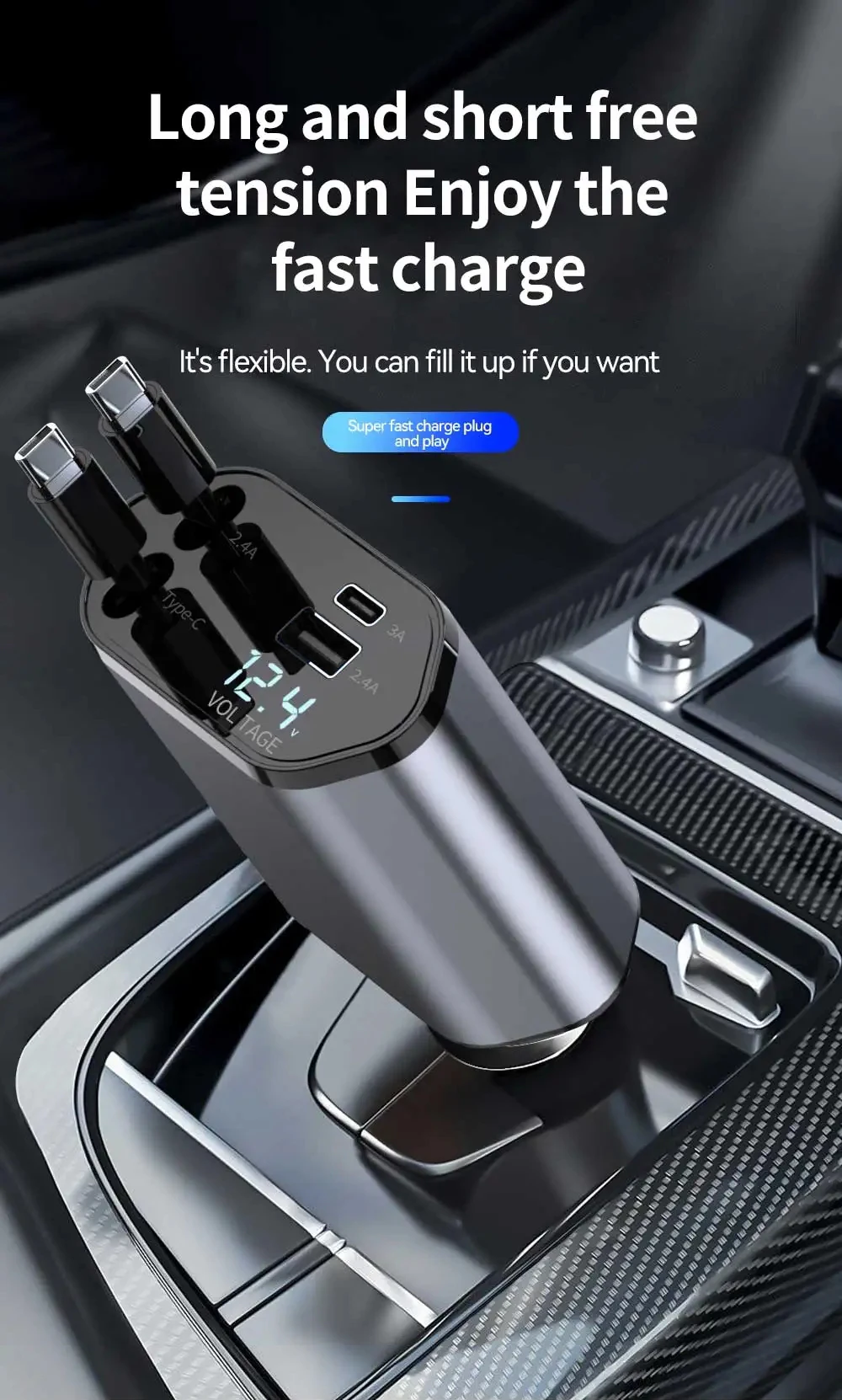 4-in-1 Einziehbares Auto-Ladegerät 120W USB-C Auto-Ladeadapter mit 2 USB-Anschlüssen für iPhone 16 15 Samsung – Detail 1