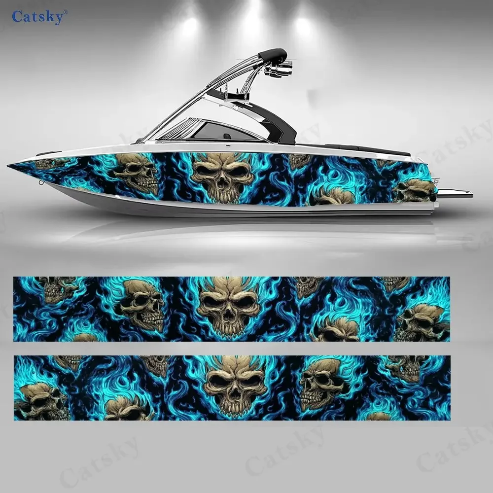 2Pcs Cyber Skull Flame Boat Stickers, PVC Waterproof Durable Vinyl Wrap Decals for Fishing Boats, Durable and Stylish Design