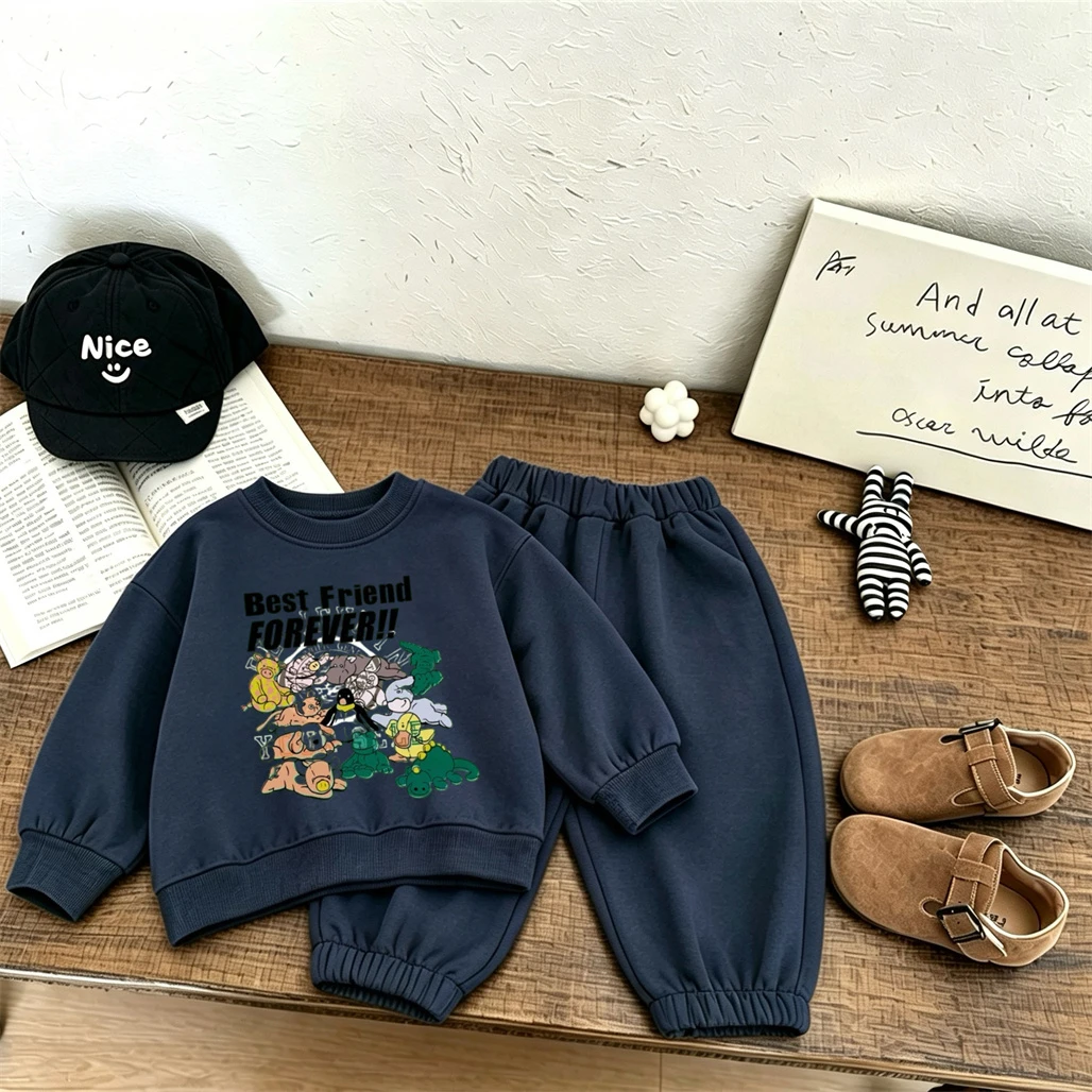 Print Sweatshirts+Pants Two Piece Set Spring Autumn Clothes Long-sleeved Suits Cute Hoodie Solid Color Pants Children Tracksuits