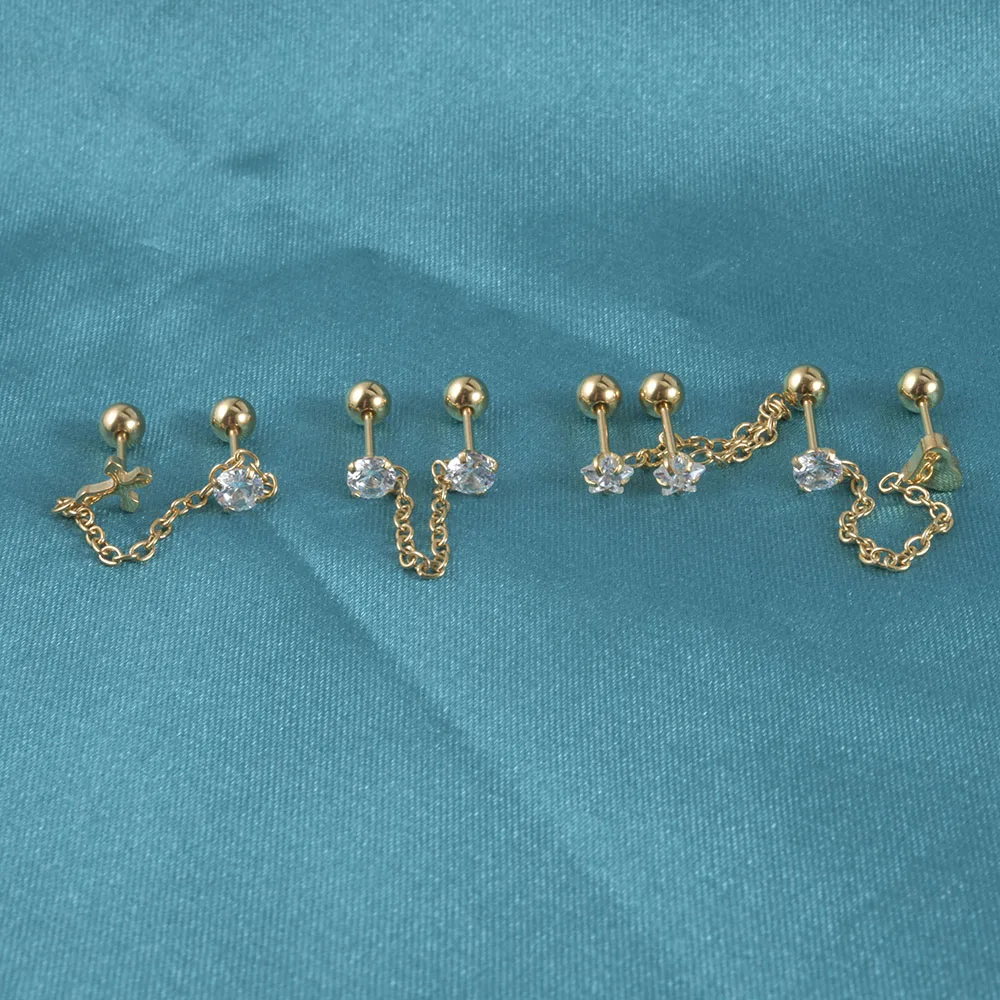 1PC Stainless Steel Piercing Ear Studs Earrings Dangle Cz Ear Chain Cartilage Helix Conch Tragus Piercing Lobe Piercing Jewelry