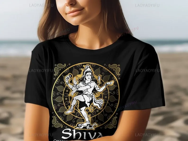 India Shiva Printed T-shirt Creator Maintainer Destroyer\' Hindu Gods Lord Shiva Woman Man Cotton T-Shirt Vintage Short-sleev