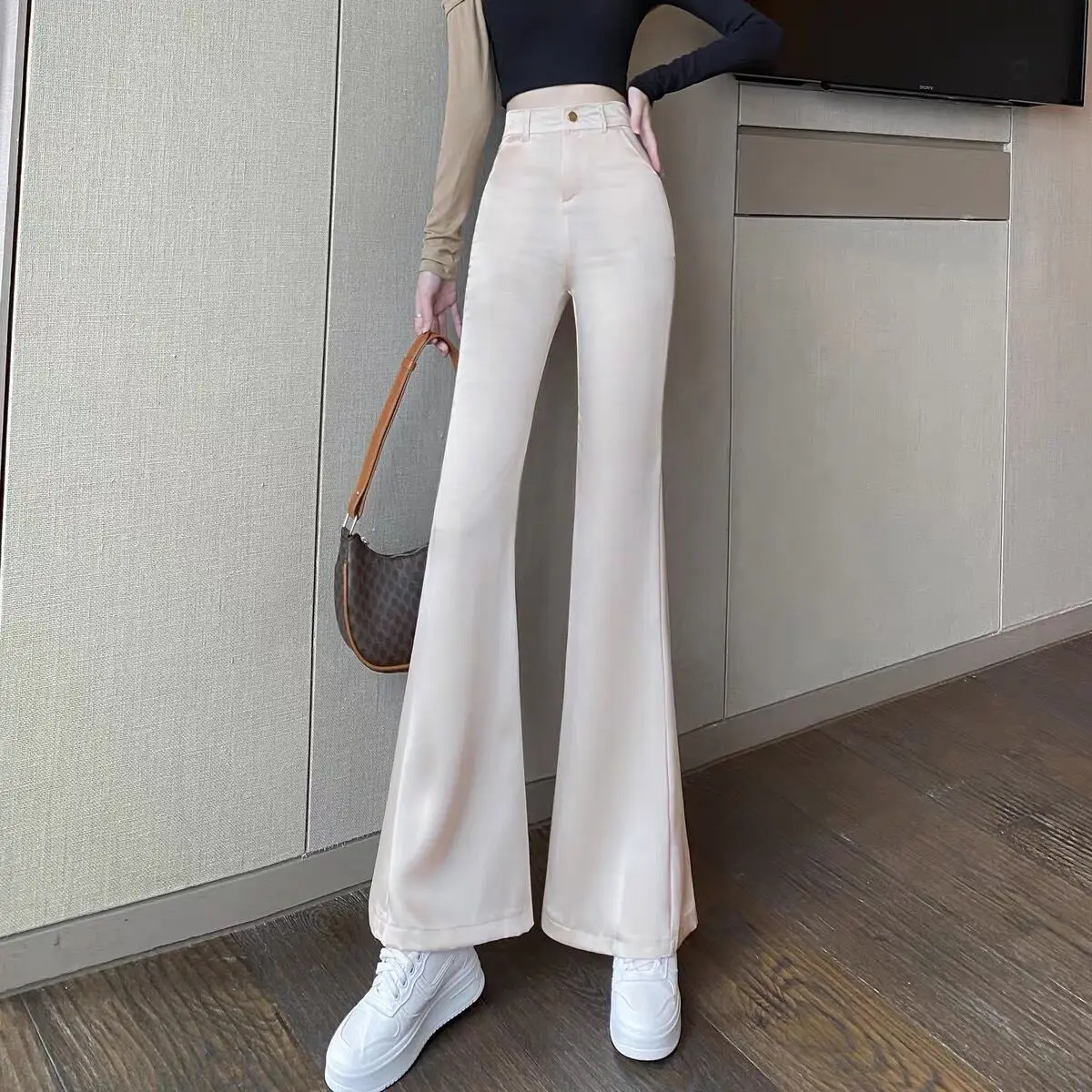 Zomer Satijn Zijde Flare Dunne Lange Broek Vrouwen Zachte Leggings Broek Chic Korea Mode Streetwear Rits Hoge Taille Oversize