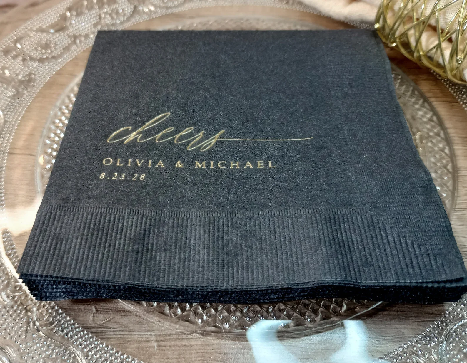 Personalized Wedding Napkins | Gold Foil Napkins | Cheers Napkins | Rehearsal Dinner Napkins | Engagement Napkins | Black with G