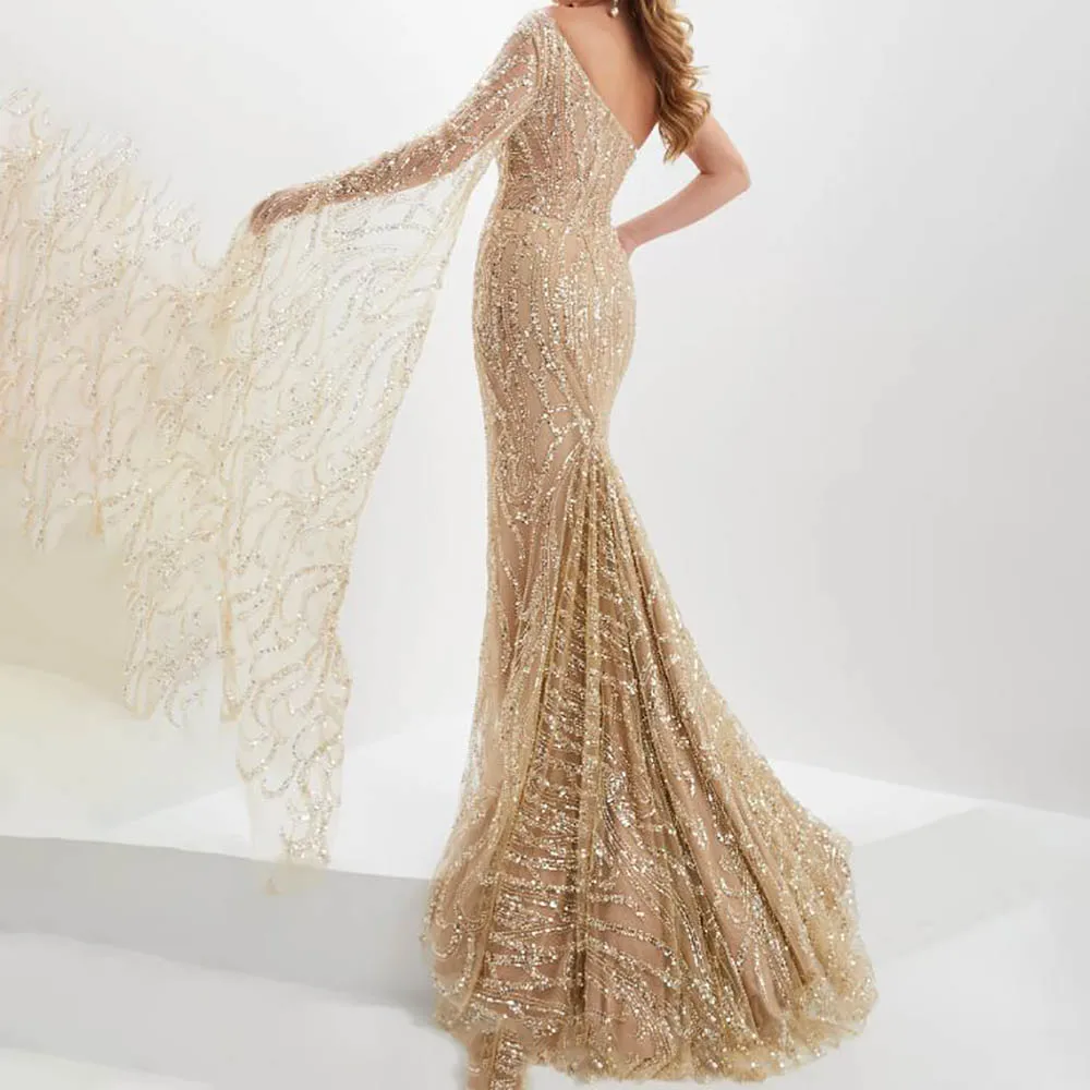 Trumpet Sexy Tulle Prom Evening Gown One Shoulder Long Flutter Sleeve Sequined High Slit Full Length Sweep Train