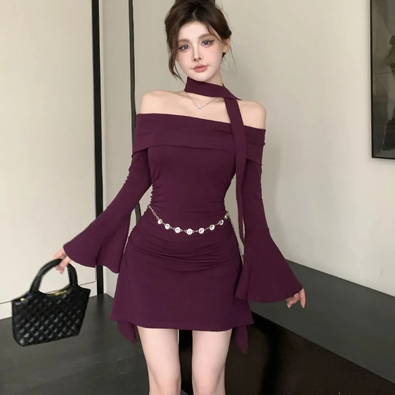 Pure Desire to Expose Shoulders Long Sleeves Slim Fit and Slimming Hip Hugging Dress New Tight Short Skirt