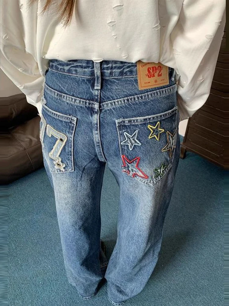 Washed High Waist Wide Leg Jeans for Women Star Letter Embroidery Back Pockets Colorful All Season Streetwear Denim Pants