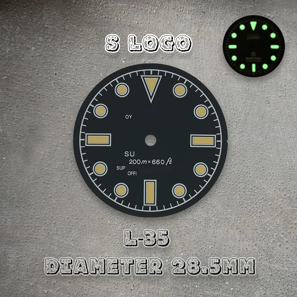 S Logo 28.5mm High Quality Retro SUB Dial For NH35/NH36 Movement For 3/3.8/4.2 o'clock Crown Green Luminous Watches Accessories