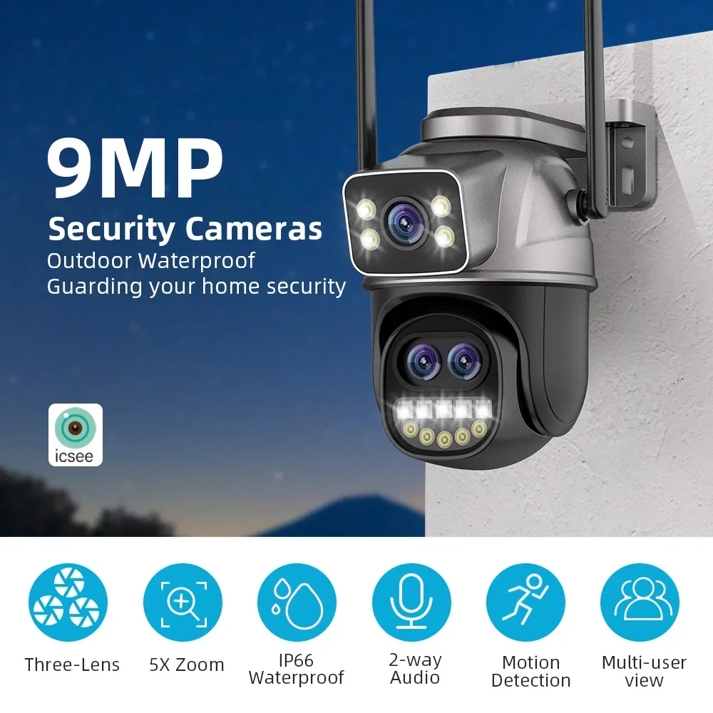 LLSEE ICSEE,8x optical zoom,9MP,3-lens camera outdoor WIFI,360,CCTV wireless pan tilt phone control waterproof,IP camera,