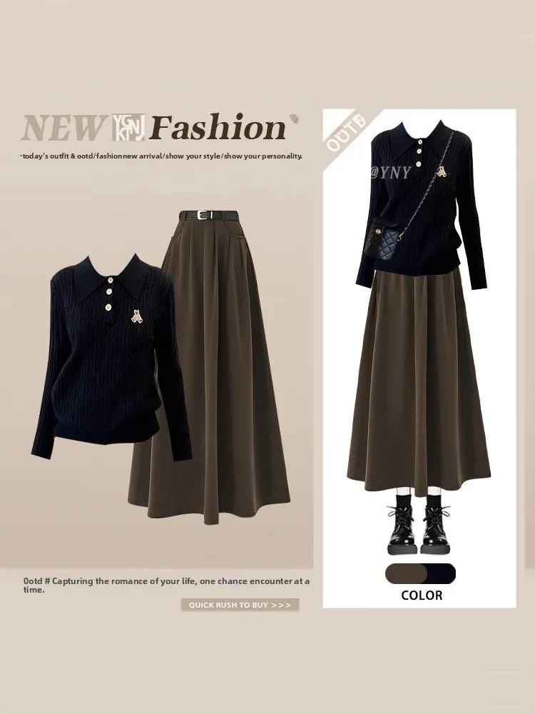 Loose Knitted Sweater High Waist Pleated Skirt Set Winter Faion College Sle One Whole Outfit Casual Chic Women Set