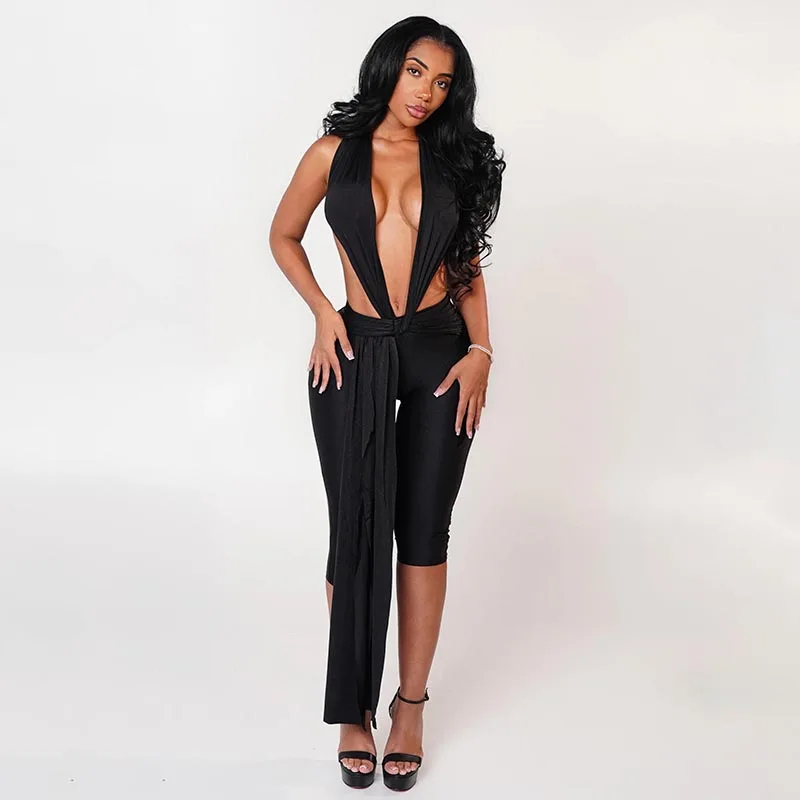 Patchwork Halter Romper Women Ribbon Sleeveless Elastic Backless Workout Activewear Midnight Activity Slim Playsuits