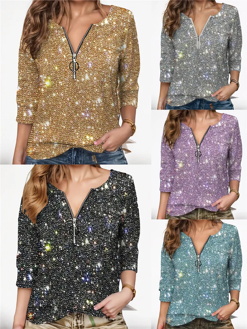 Wedifor New Long Sleeve Zippers Women T-Shirt Fashion Sequins Loose Casual Crop Top Glitter Party Club Female Shirts Dropship