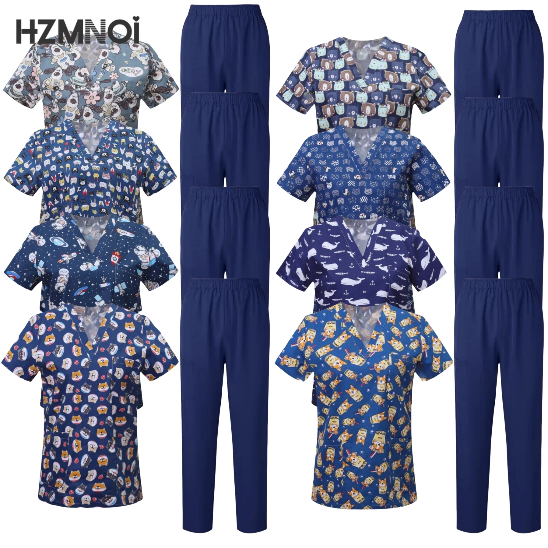 Surgical Uniforms Woman Printing Blouse Pockets Pants Medical Scrub Set Beauty Salon Workwear Clinical Scrubs Top+Pants Spa Suit