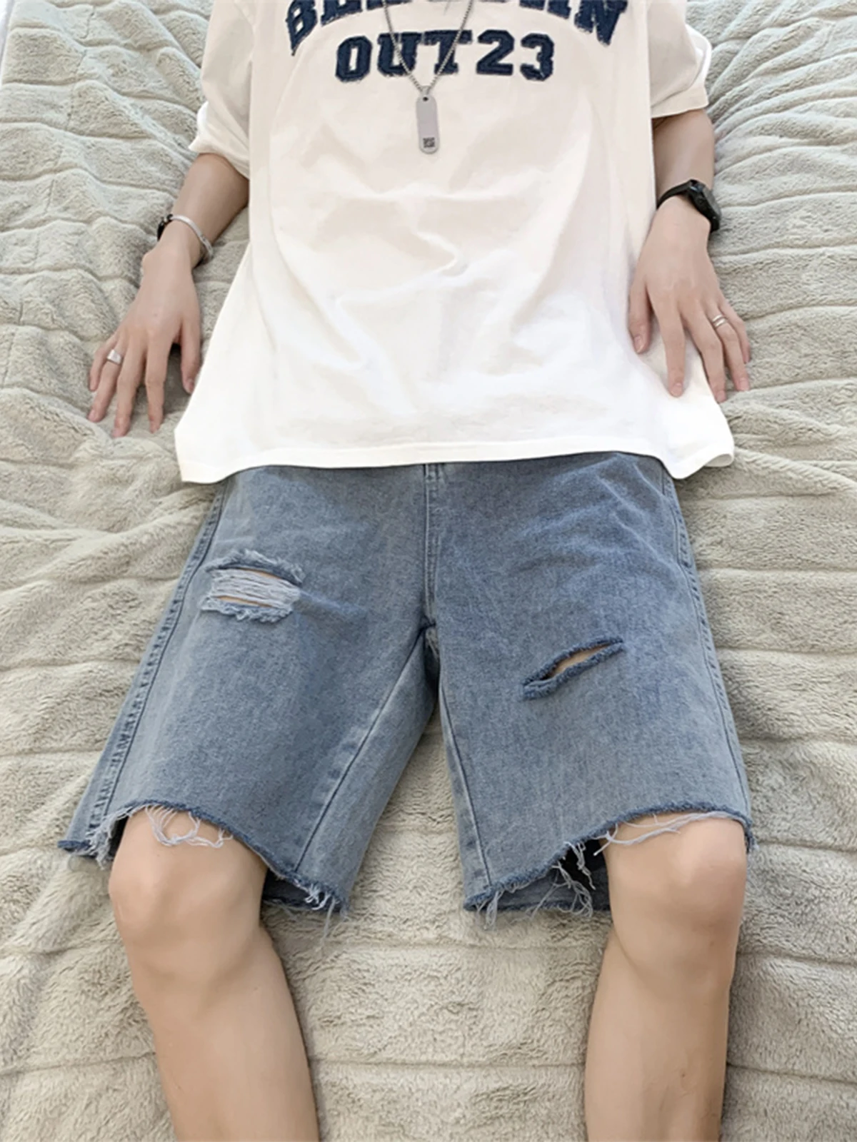 Summer Thin Washed Jeans Short Pants Men's Handsome Loose Wide Hem Five-Point Casual Fashionable Straight Leg Jeans Shorts