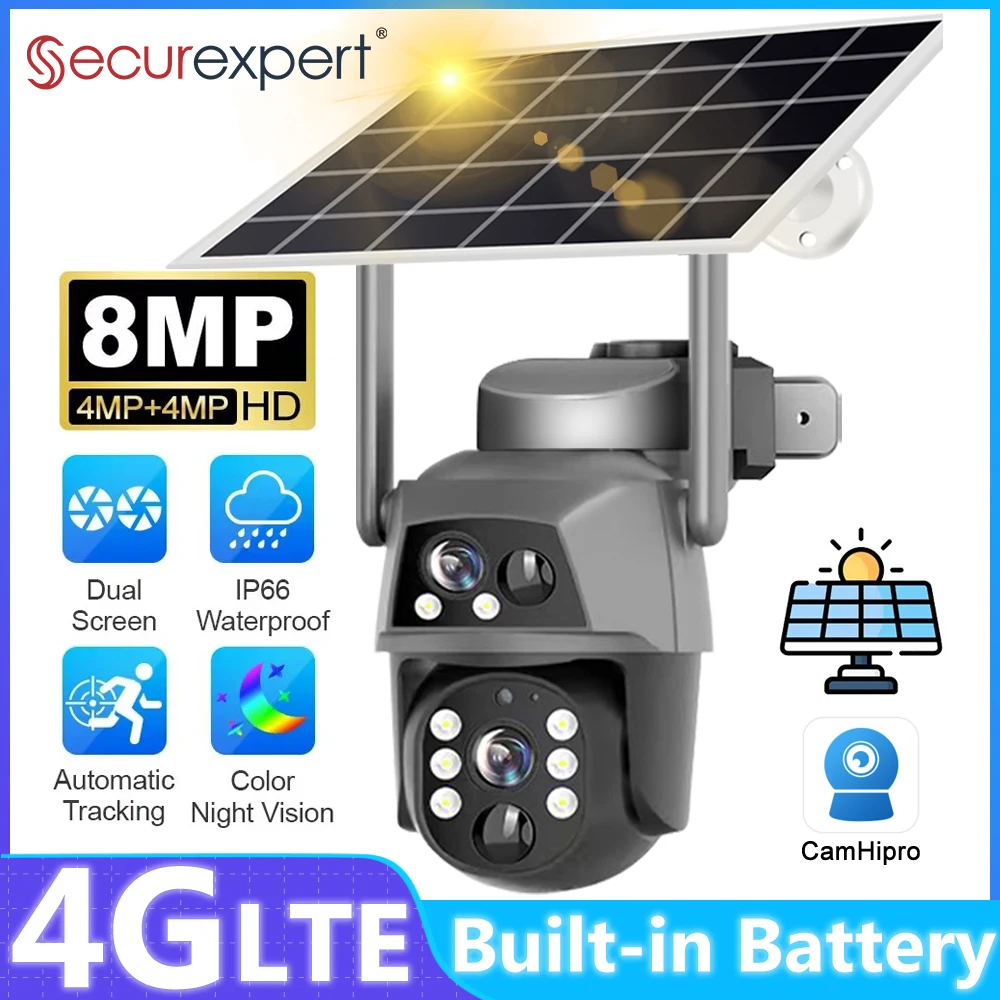 

Солнечная камера 4G SIM-карта Открытый двойной объектив 8MP 4K IP Camara с солнечной панелью CCTV Безопасность Встроенный аккумулятор PIR Обнаружение движения