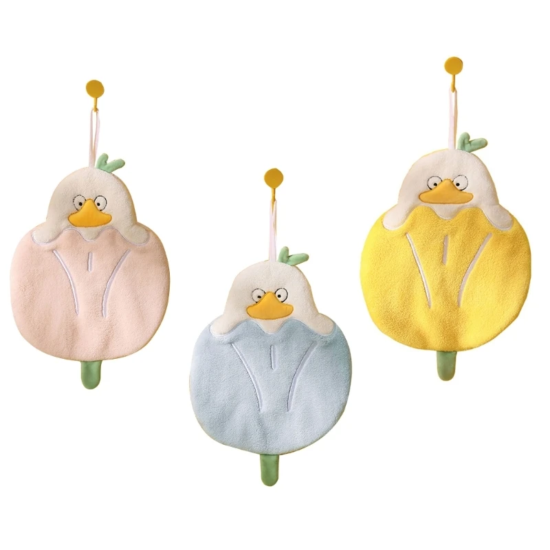 Colorful Tulip Duck Coral Fleece Hand Towel Cute Hanging Handkerchief for Kitchen Bathroom Wipe Hands