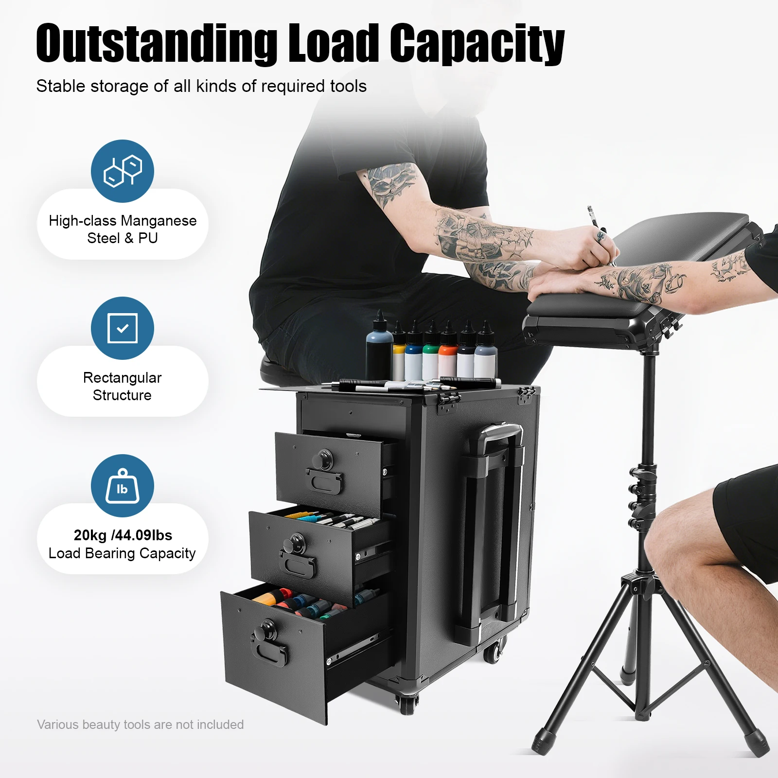 Rolling Case W/ 3 Drawers & Portable Table 44.09lbs Load Capacity Freestanding Workstation Adjustable Height Easy Transport