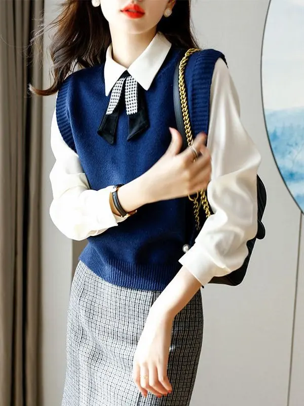Short Knitted Wool Vest Women's Fashion Label Removed Early Autumn Clothing round Neck Pure Color Commute Style Ladies Vest