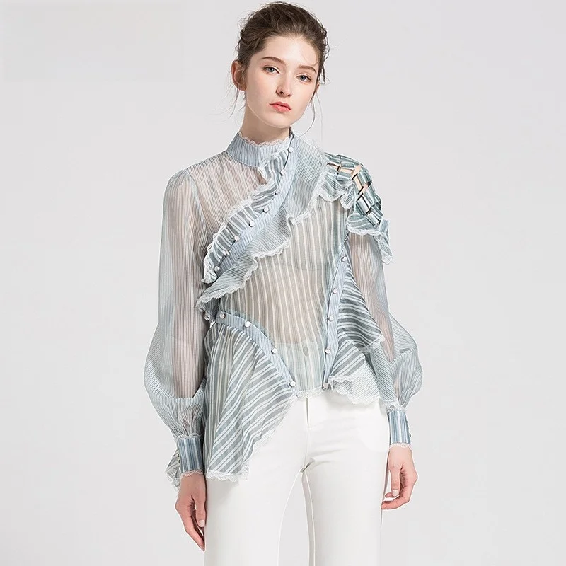 

Short Shirt Women's Spring 2020 Chic Green Stripes See-through Ogees High Collar Sexy Top Women Summer Fashion Sexy Style