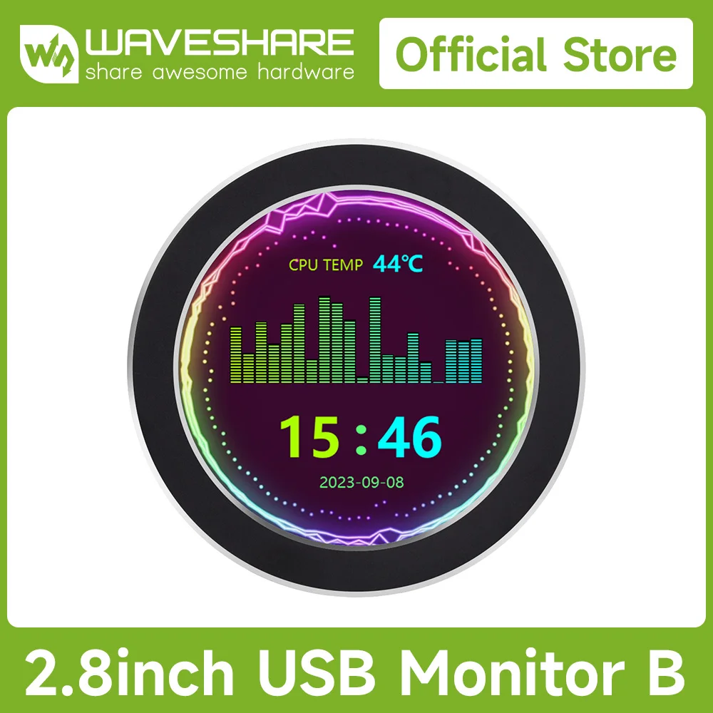 Waveshare 2,1 / 2,8 / 3,4 / 4-дюймовый USB-монитор, AIO LCD/экран охлаждения процессора/дисплей для внутреннего ПК/настольного ПК RGB окружающий экран