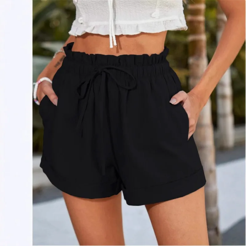 

Women Solid Color Linen Shorts Elastic Waist Drawstring Casual Summer Loose Beach Shorts