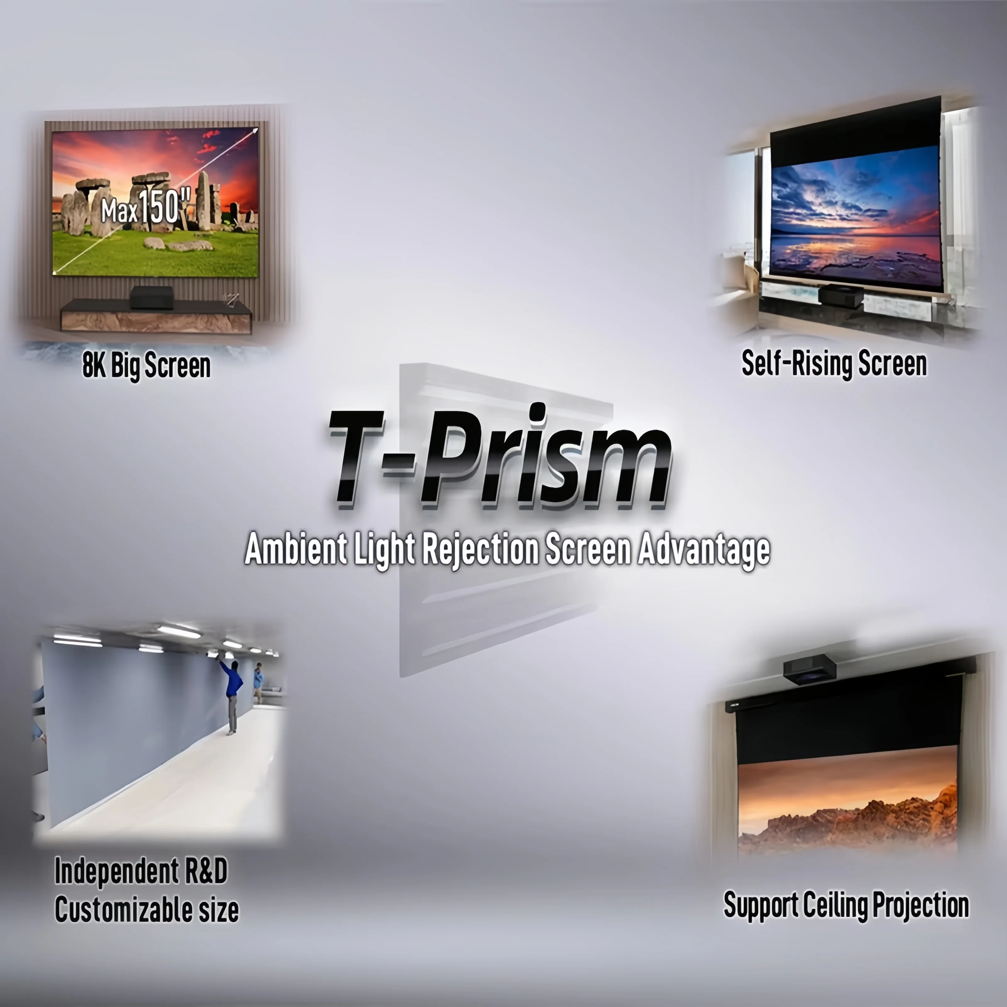 8K Laser TV Selbststeigender, auf der Decke gespannter UST-ALR-Bildschirm, T-Prisma, Umgebungslicht-Abwehrbildschirm für UST-Projektor