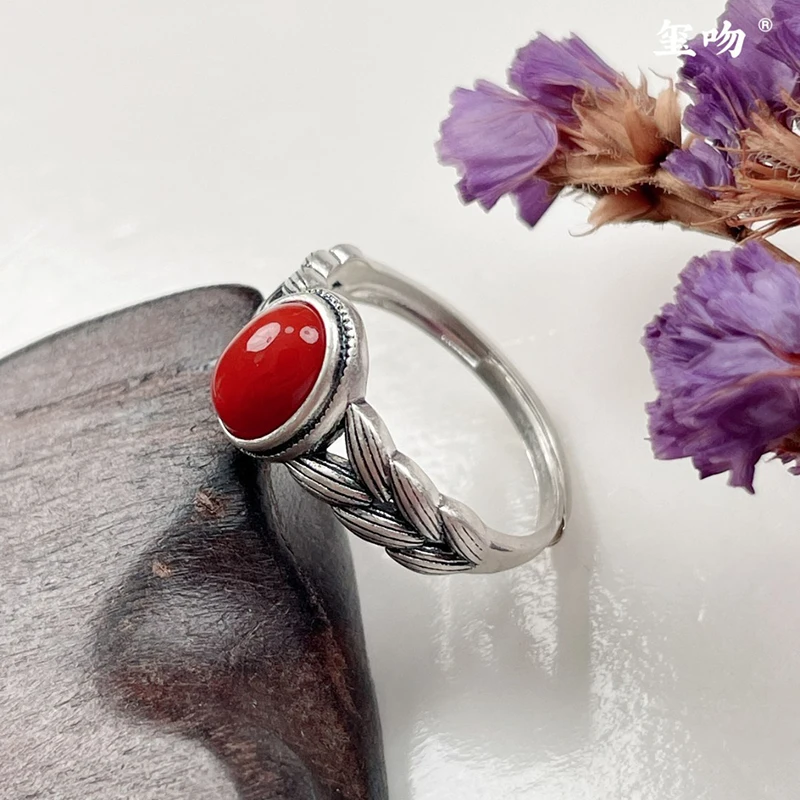 Foxanry الأحمر الزركون خواتم الخطبة للنساء الأزواج موضة جديدة خمر الشرير القمح الأذن الهندسة اليدوية مجوهرات الحفلات هدايا #2