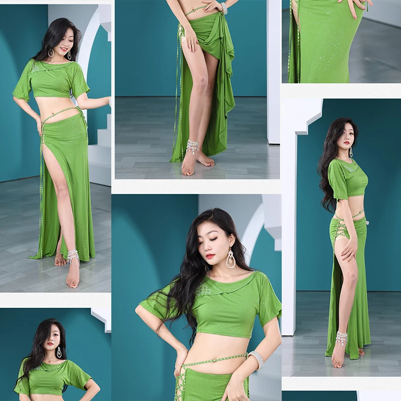 ชุดเต้นระบำหน้าท้องเซตเสื้อและกระโปรง2ชิ้นสำหรับผู้ใหญ่ผู้หญิงชุดทำงานเวทีชุดฝึกส่วนตัว