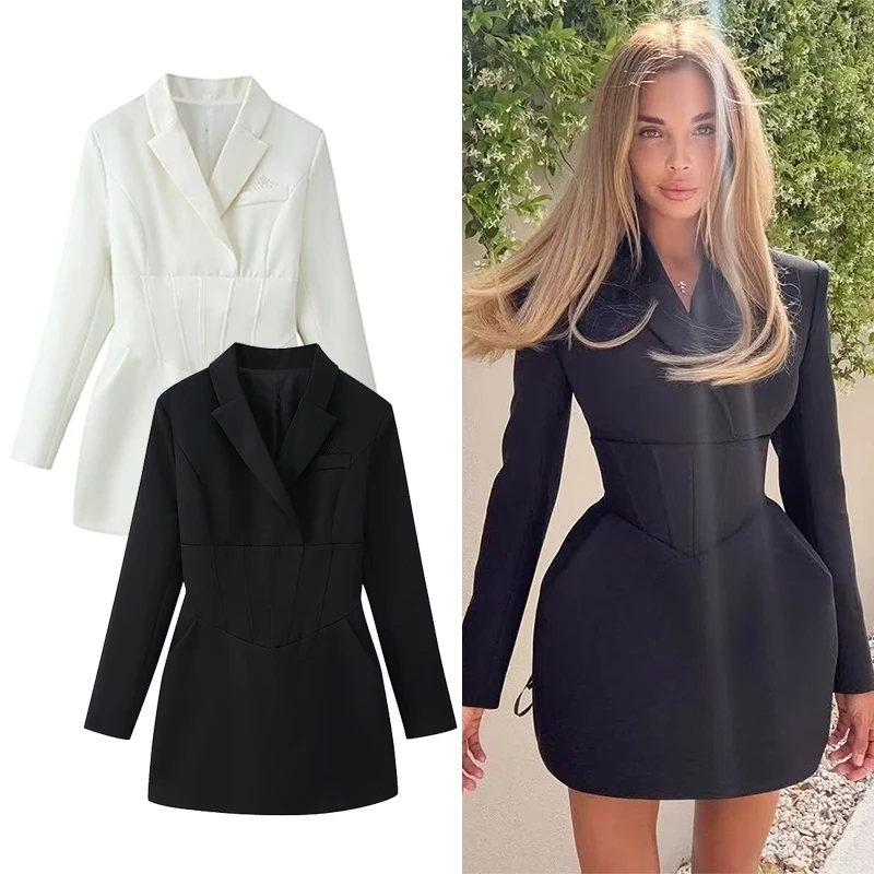 Frauen Elegante Taille-Cinching Blazer Mini Kleid Chic Langarm V-ausschnitt Spitze-up Kleider Sexy 2026 Dame Pendeln büro Vestidos