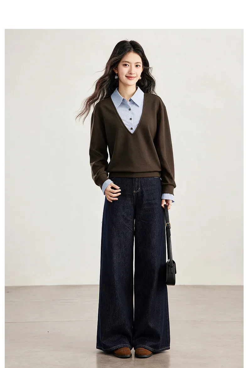 VIMLY Fake Two-piece Striped Collar Sweatshirt for Women 2026 Autumn Coffee Color Commute Casual Loose-fit Female Pullover A7577