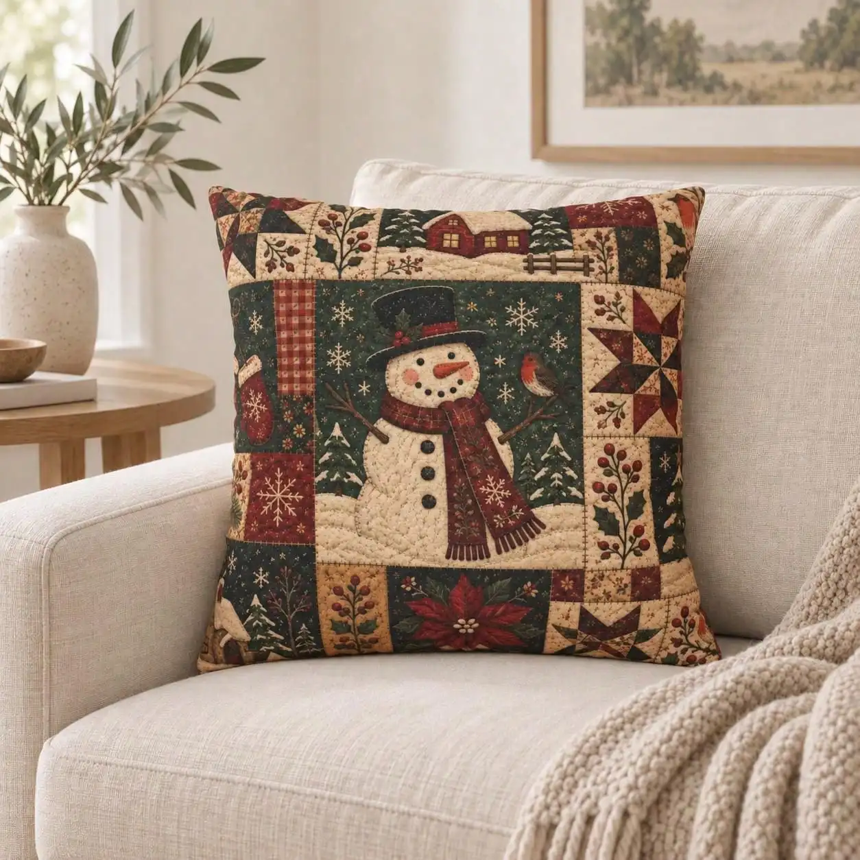 1Pc Christmas Patchwork Throw Pillow Cover,Velvet Decorative Pillow Cover,Cushion Cover With Vintage Snowman Wreath Design,Envelope Closure,Double-Sided 2D Flat Printed,Pillowcase For Sofa Decor,Christmas Room Decor(No Embroidery)