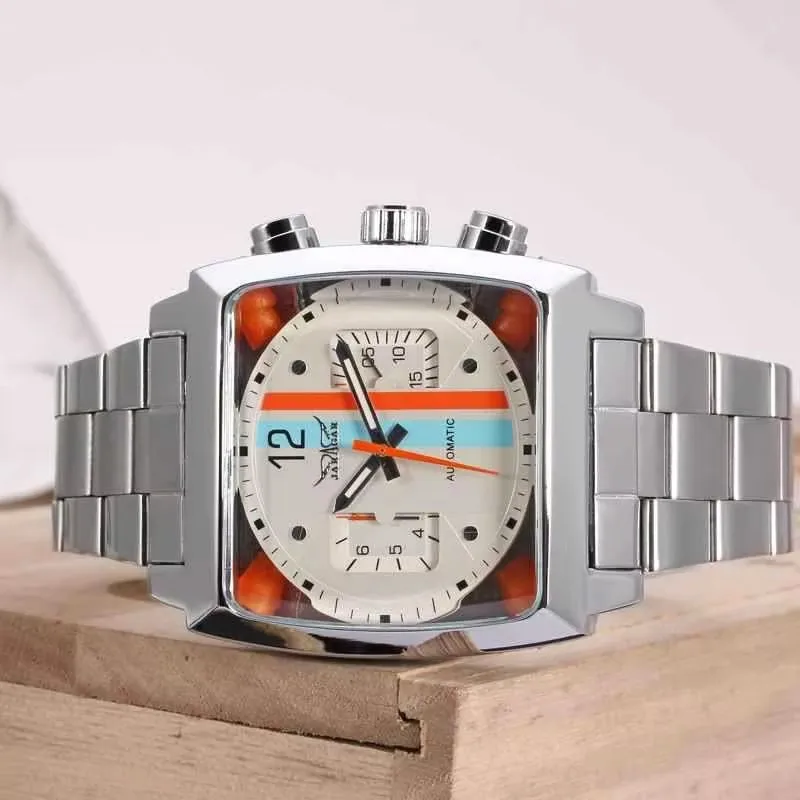 JARAGAR 569 Men Automatic Mechanical Watch Fashion Unique Retro Design Square Date Waterproof Stainless Steel Strap Wristwatch